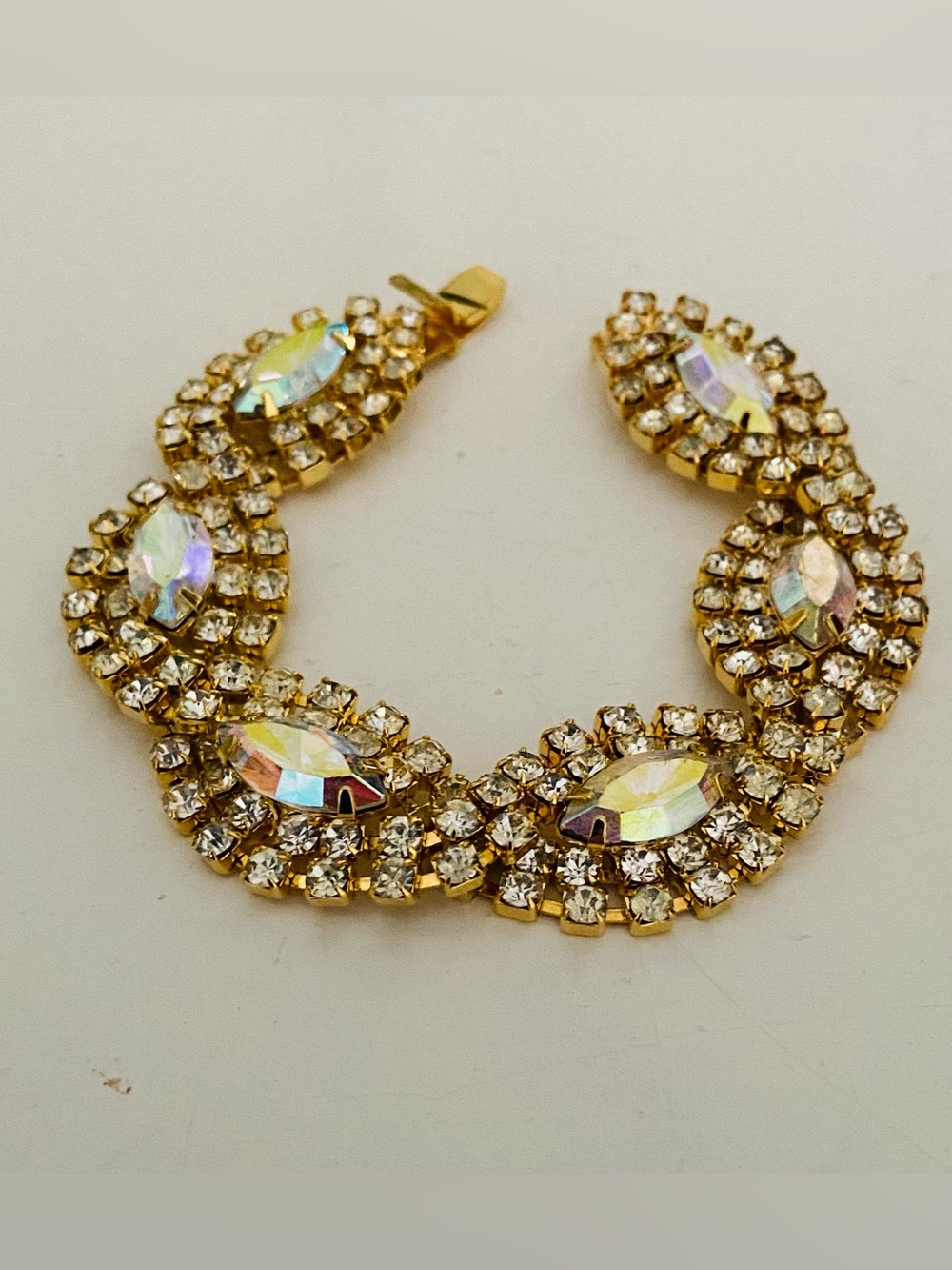 Vintage Gold Tone Oval Rhinestone Aurora Borealis Bracelet